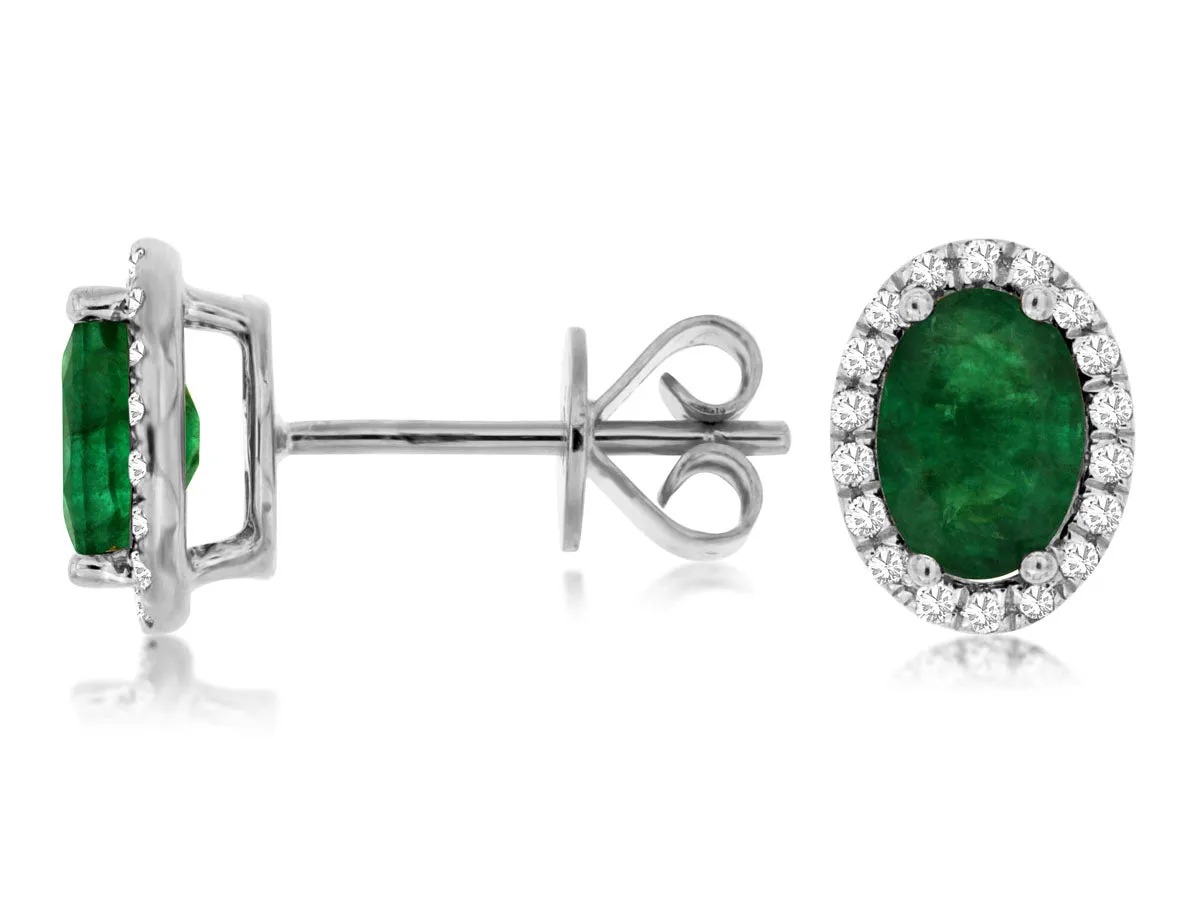 14K White Gold Emerald and Diamond Studs