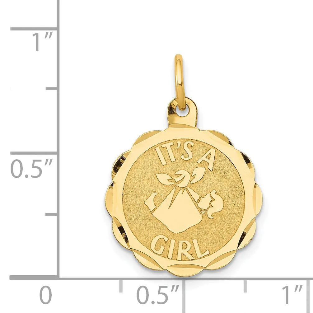 14k Yellow Gold Its a Girl Round Charm Pendant