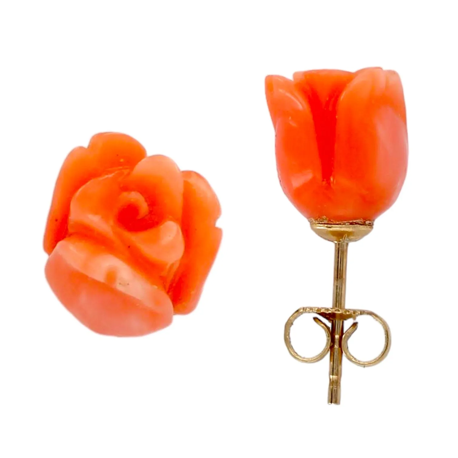 14K Yellow gold red coral carving rose studs earrings