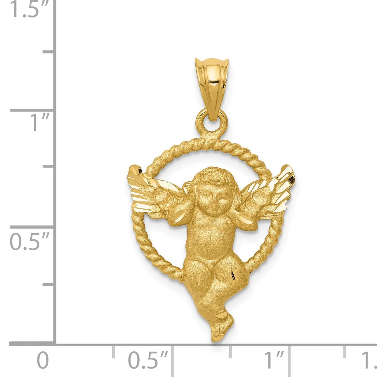 14k Yellow Gold Satin Finish Solid Angel in Circle Shape Pendant