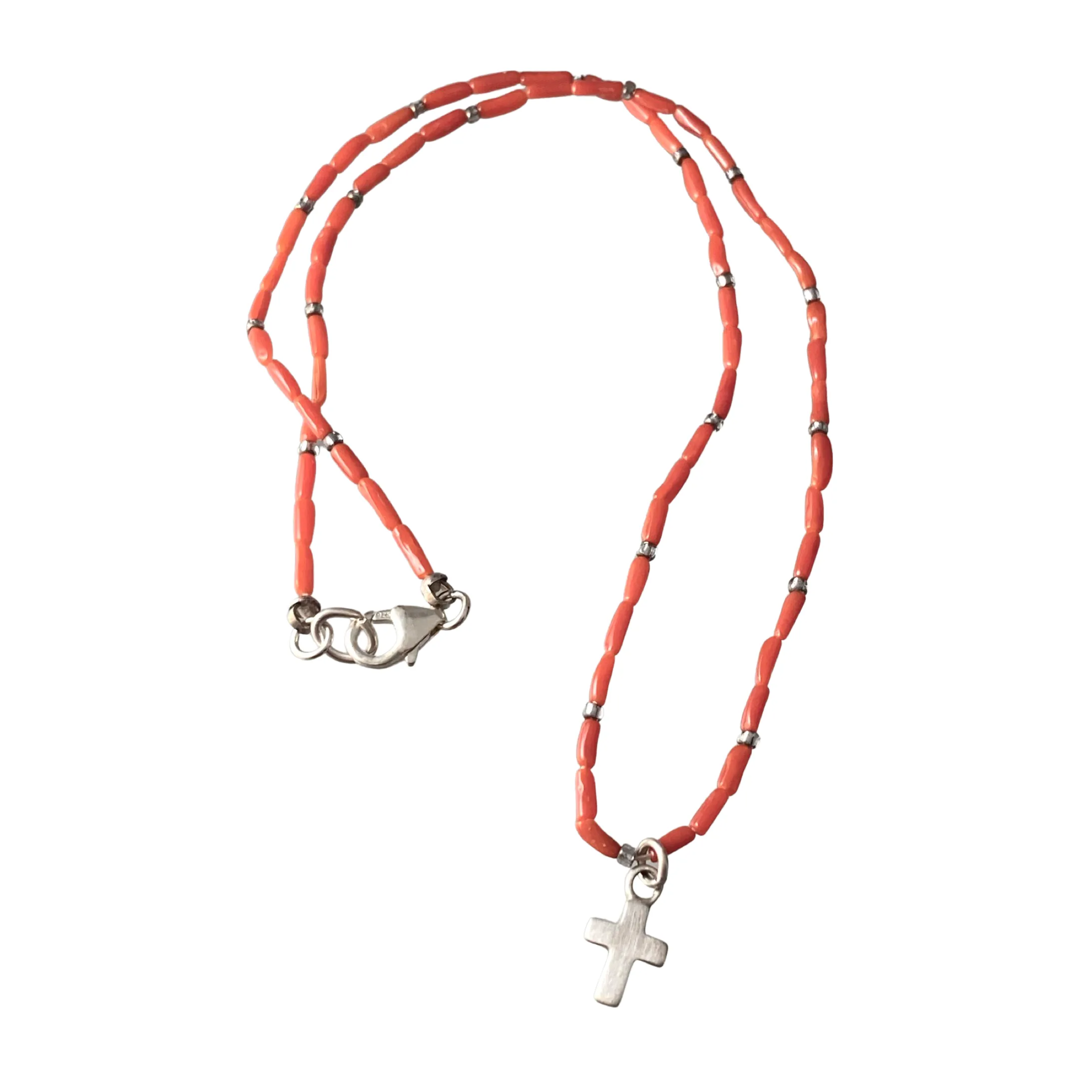 16” Beaded Coral Sterling Cross Necklace