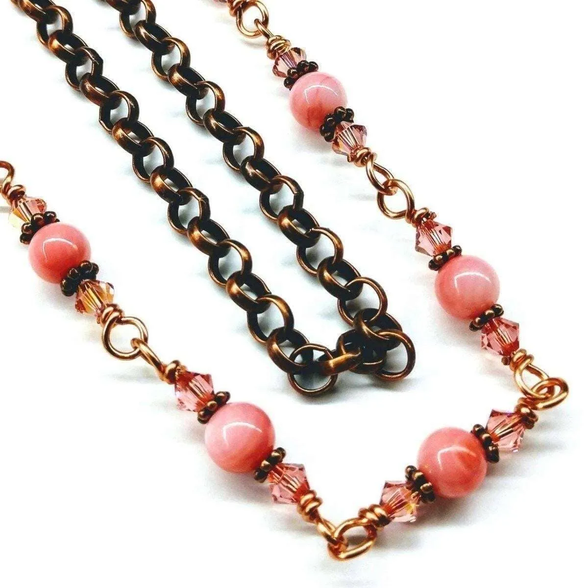 24-Inch Copper Peach Pearl Crystal Wire Wrapped Necklace