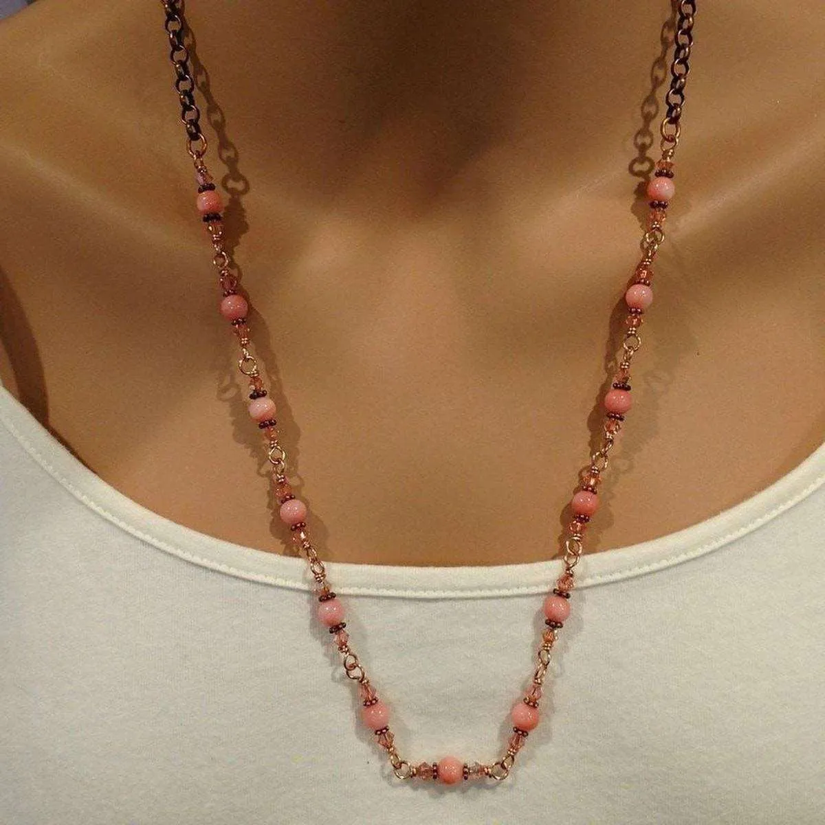 24-Inch Copper Peach Pearl Crystal Wire Wrapped Necklace