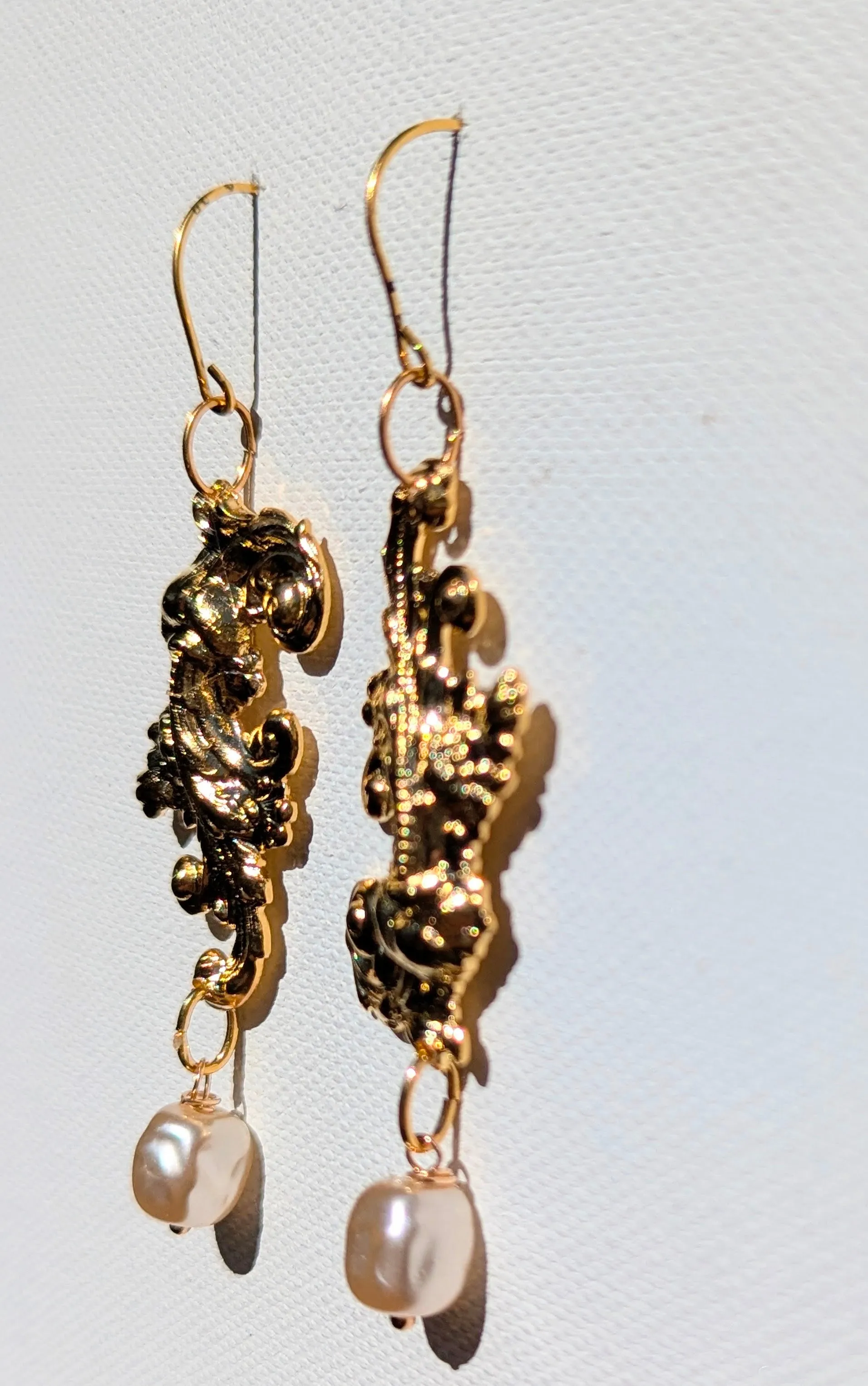 24k Gold Plated Brass with Vintage Fish Scale Pearl Drop Earrings 3 inch Long USA Made by Sugar Gay Isber unisex-adult Bridal