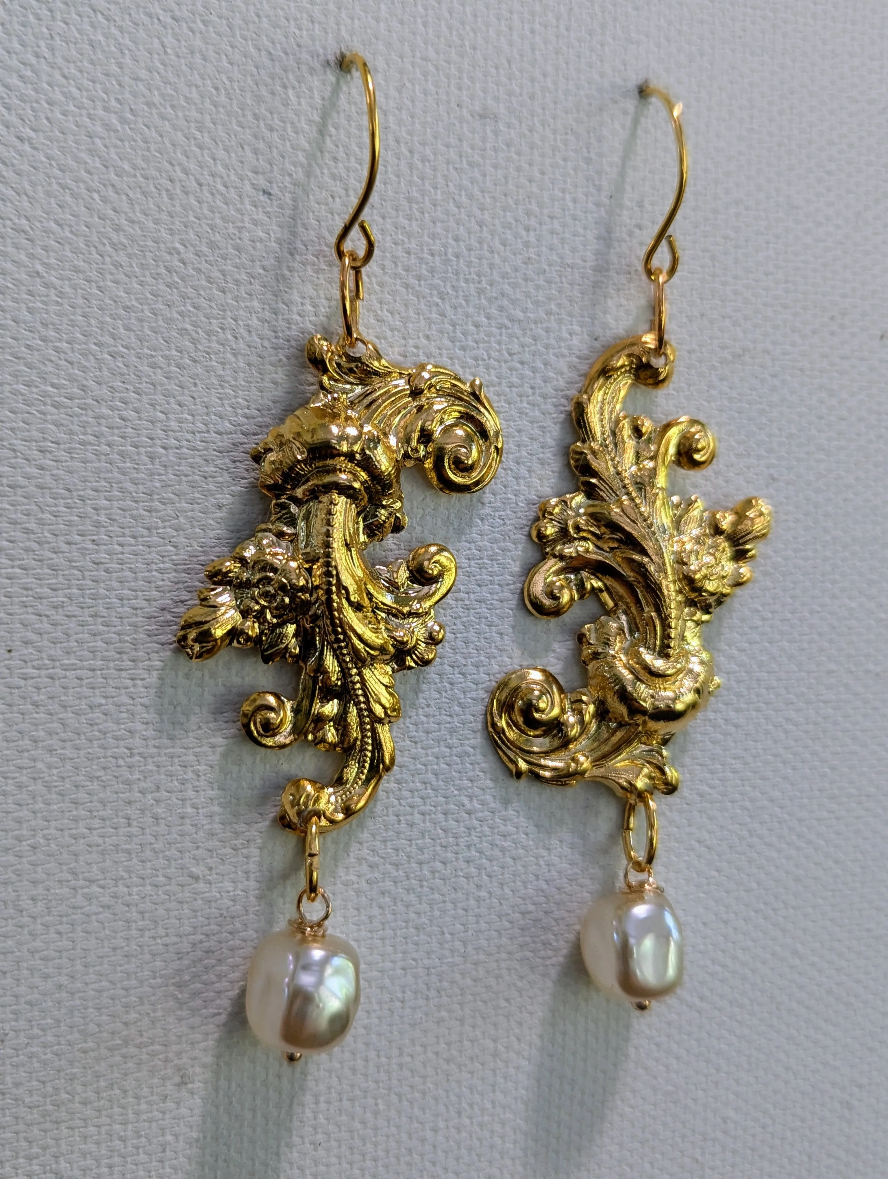 24k Gold Plated Brass with Vintage Fish Scale Pearl Drop Earrings 3 inch Long USA Made by Sugar Gay Isber unisex-adult Bridal