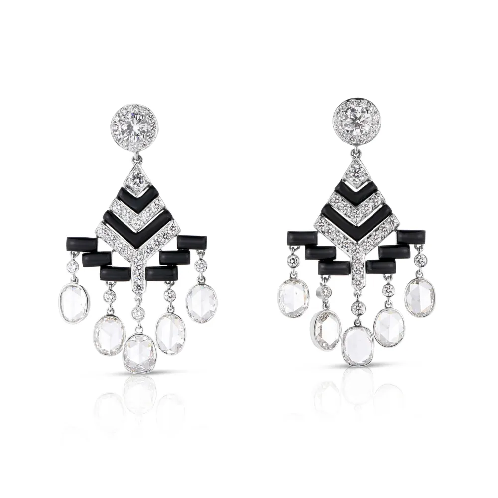 6.61Ct Diamond and Black Enamel Art Deco Earrings in Platinum