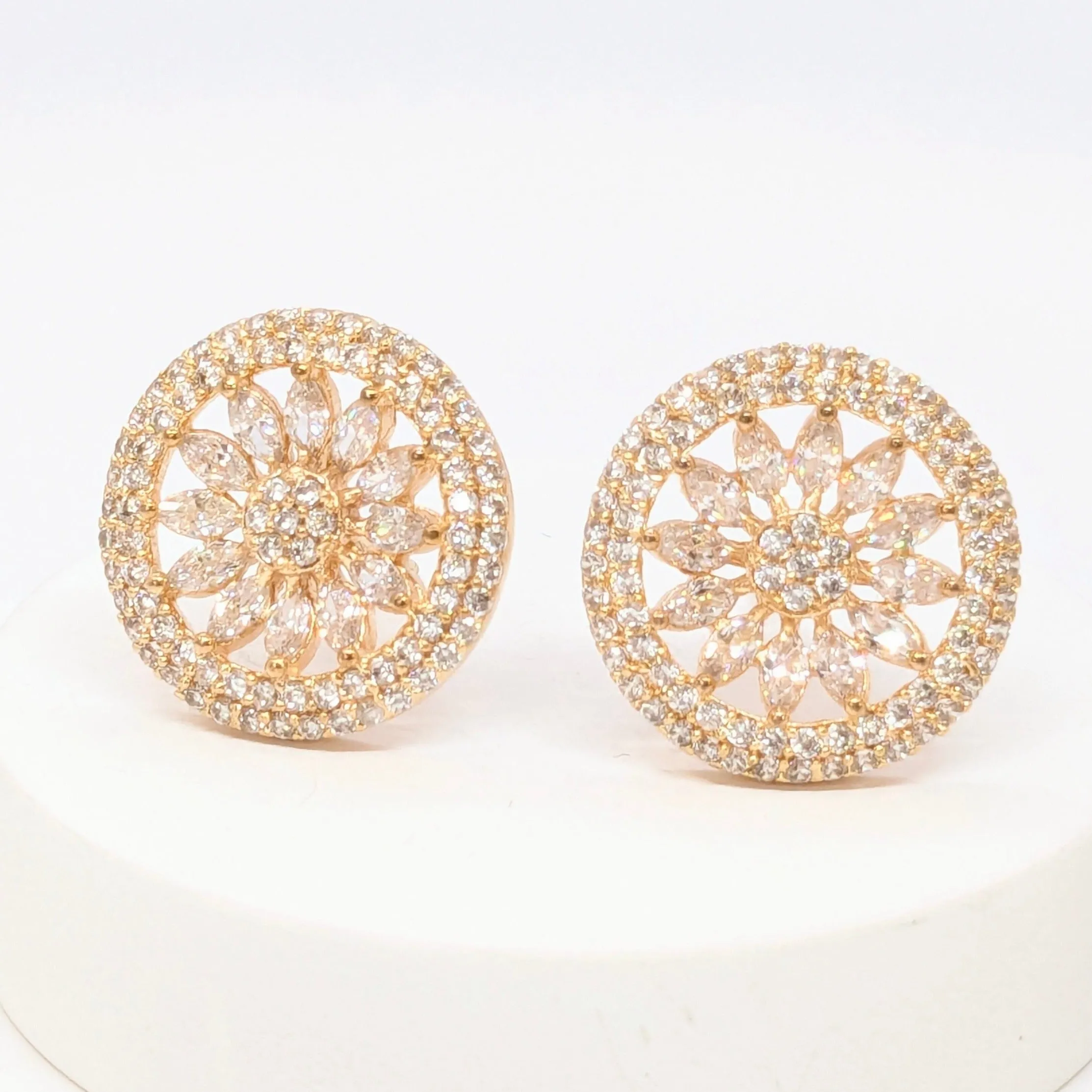 American Diamond Studded Earrings - Round Shape With Gold Finish.