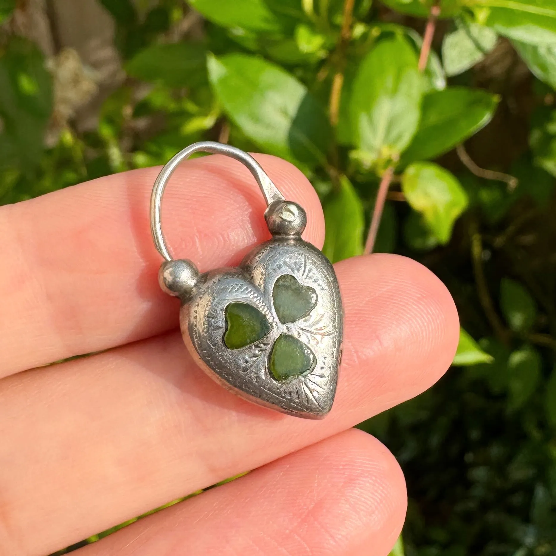 Antique Edwardian Silver Connemara Shamrock Heart Locket