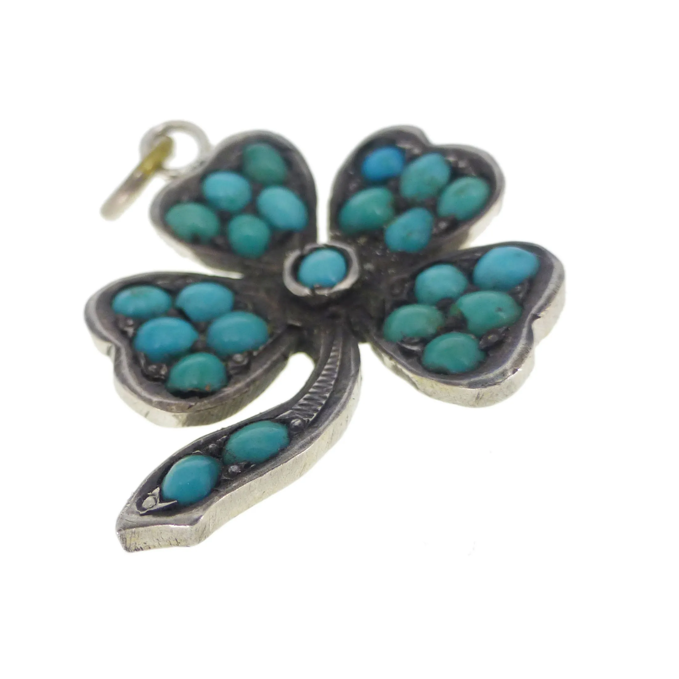 Antique Edwardian Silver Turquoise Clover Pendant