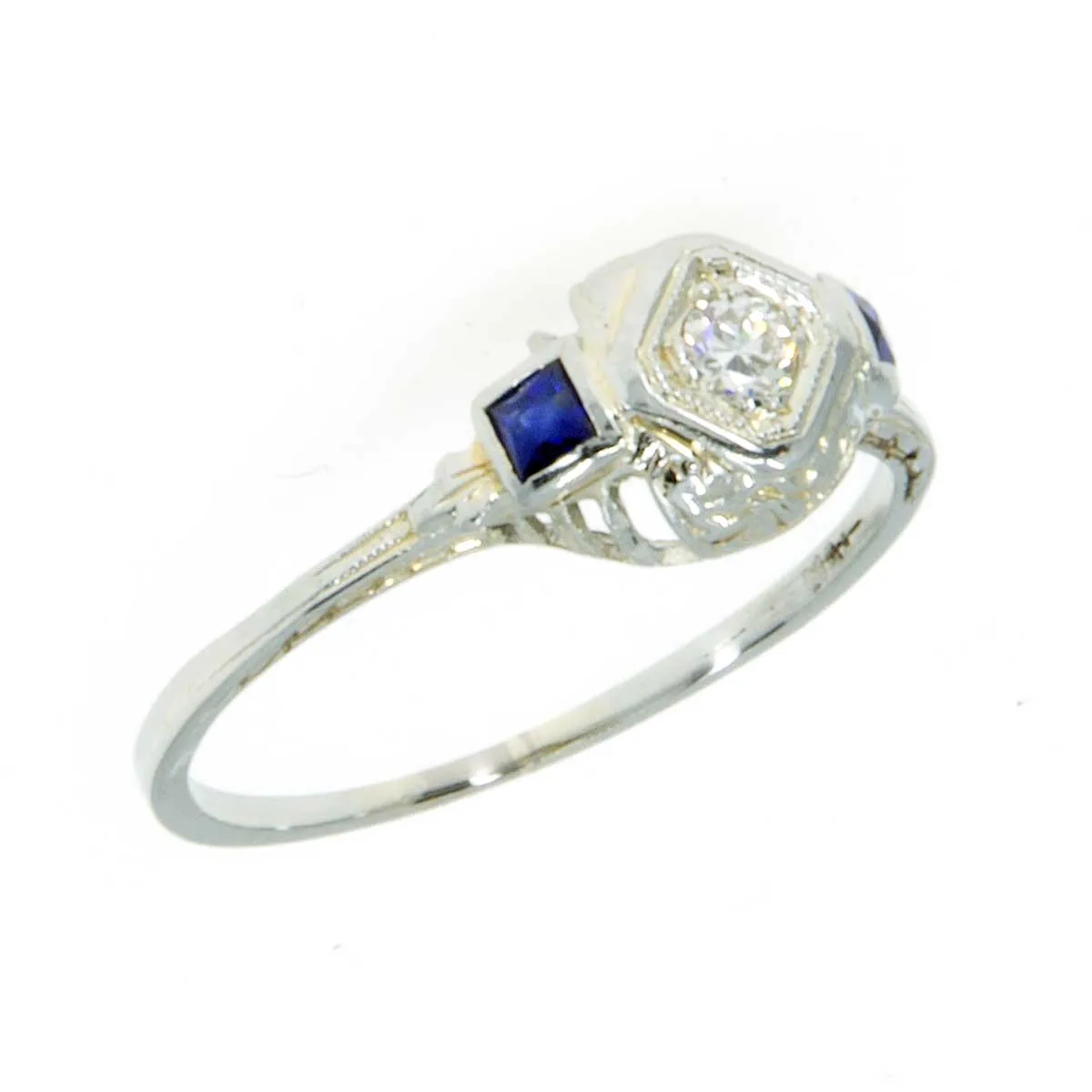 Art Deco 18K Diamond & Sapphire Filigree Engagement Ring