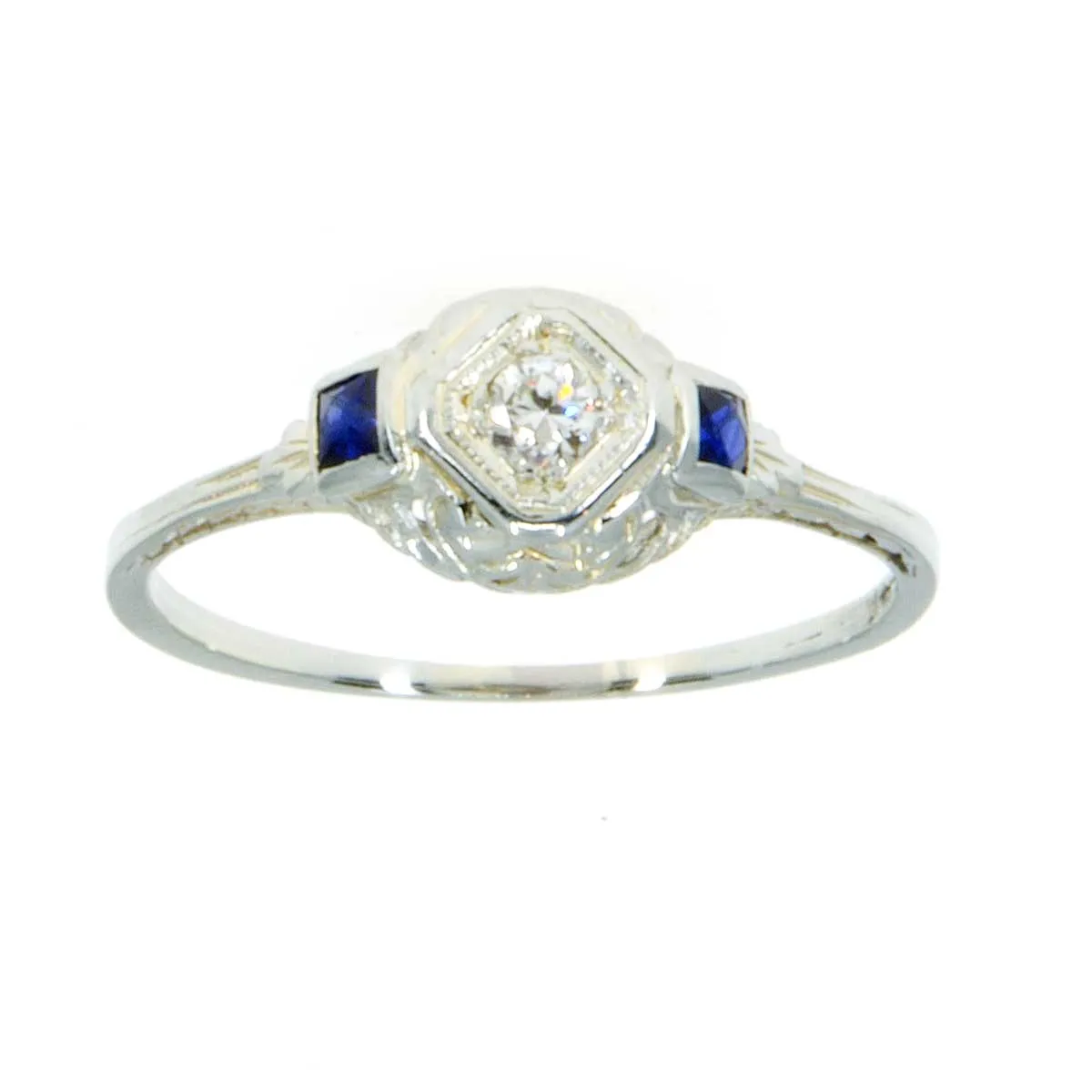 Art Deco 18K Diamond & Sapphire Filigree Engagement Ring