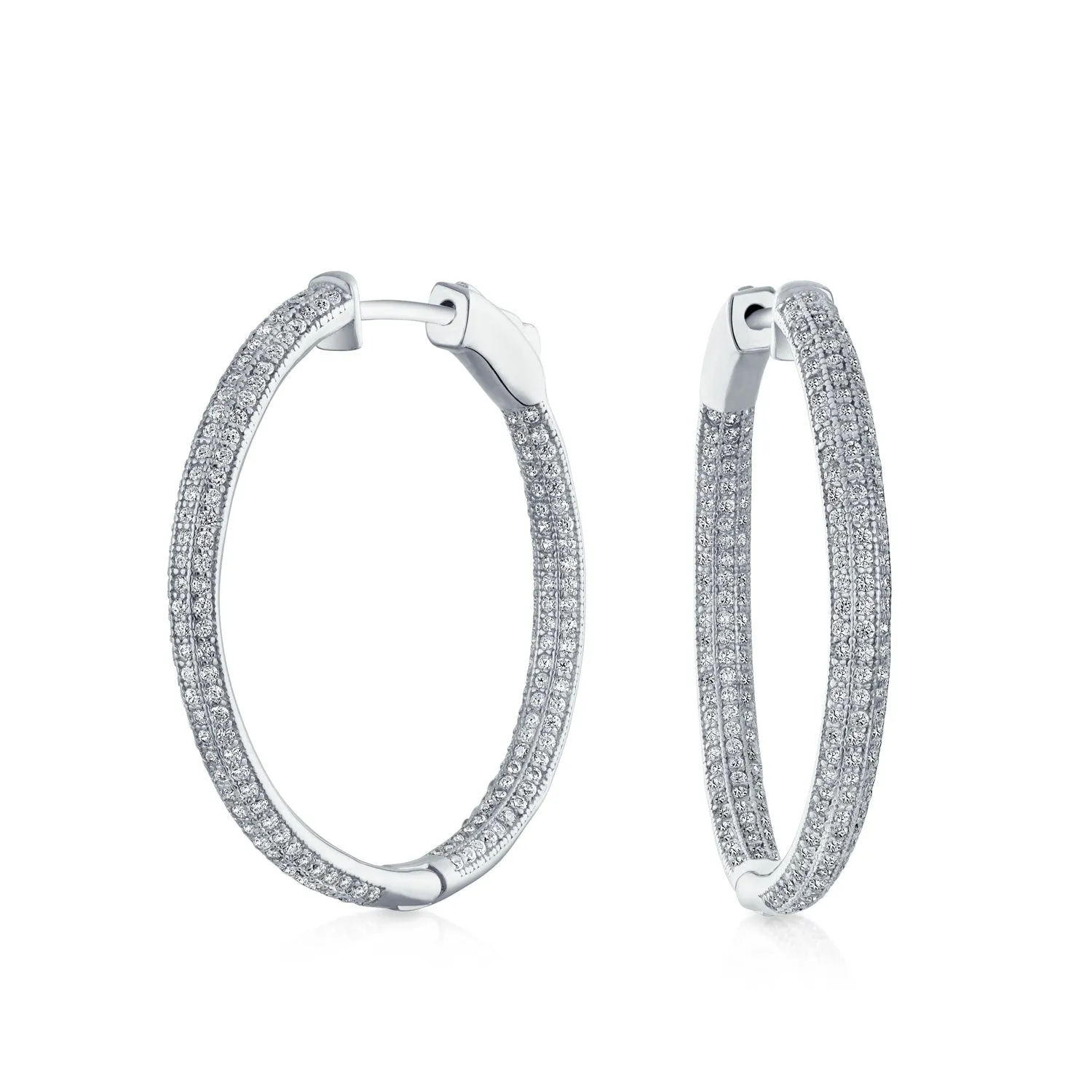 Bridal Oval Inside Out AAA CZ Hoop Earrings .925Sterling Silver