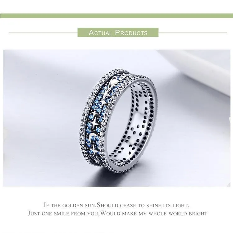 Celestial Galaxy Ring with Blue CZ, Glittering Moon, Stars and Planets on Your Finger!