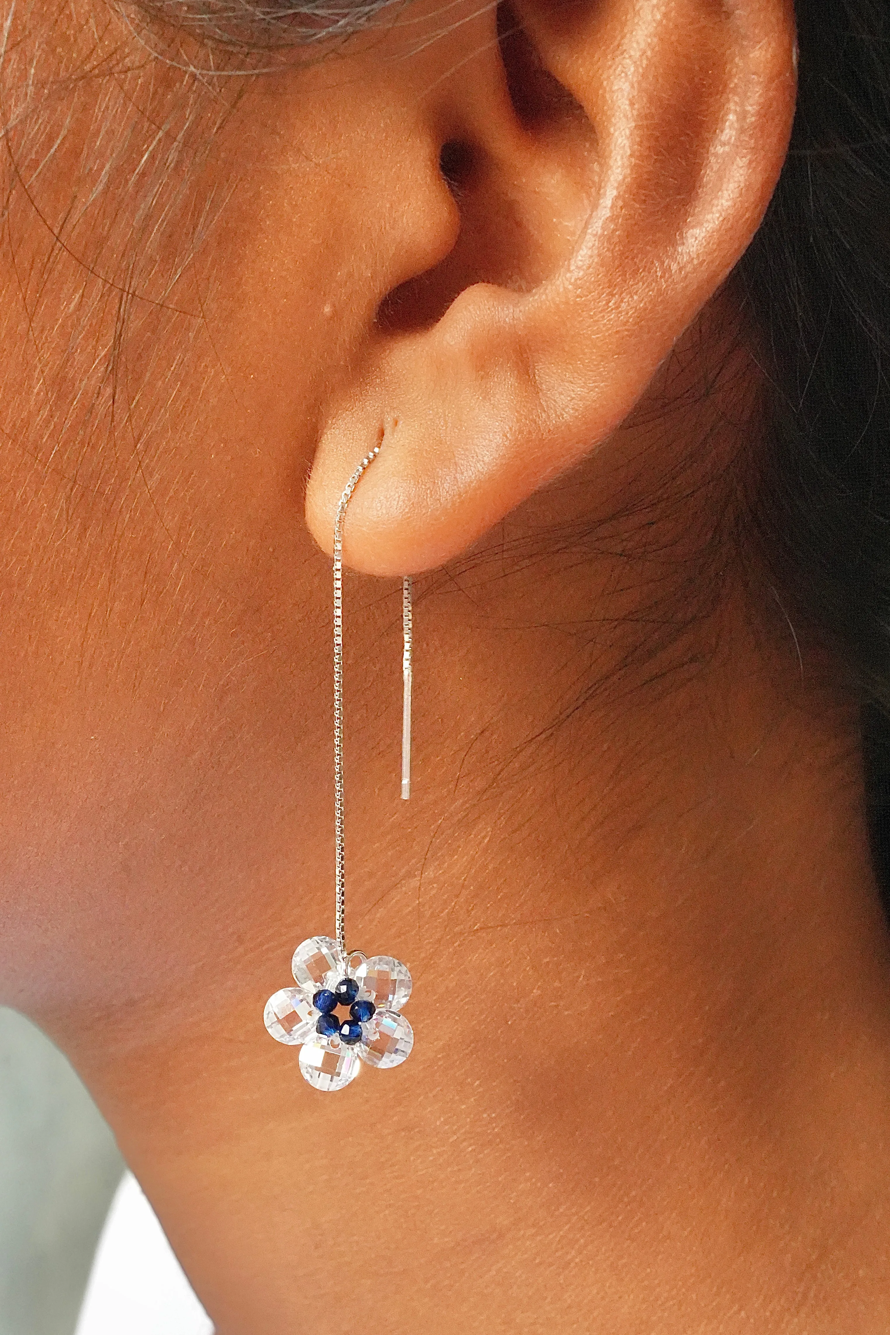 Crystal Flower 925 Silver Sui Dhaga Earrings