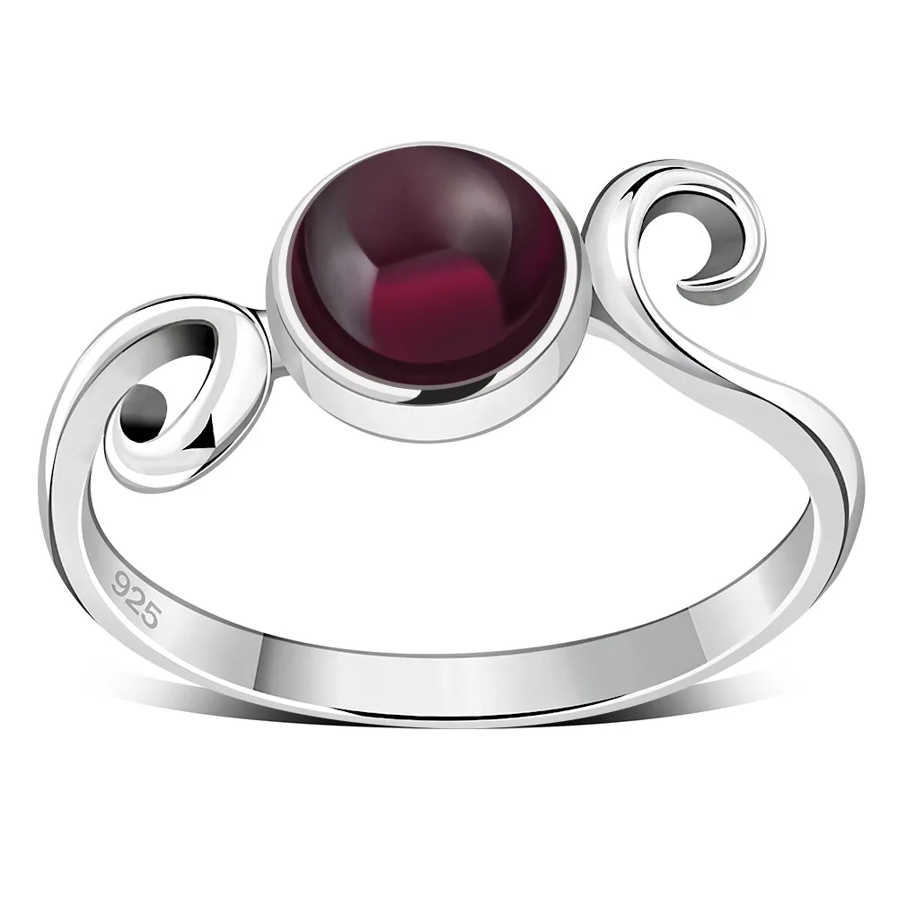 Delicate Silver Spiral Ring set w/ Garnet Stone