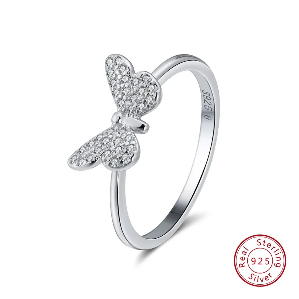 Genuine 925 Sterling Silver Women Rings Cute Butterfly Silver Gold Color AAA Cubic Zircon Fashion Ring Jewelry.