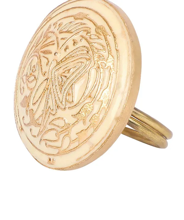 Gold & Enamel Button - Floral - Off-White