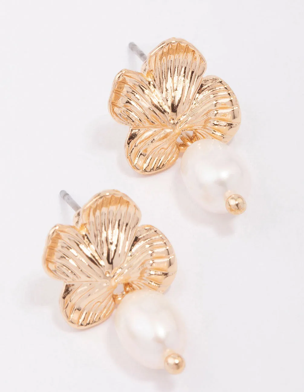 Gold Flower Pearl Drop Earrings