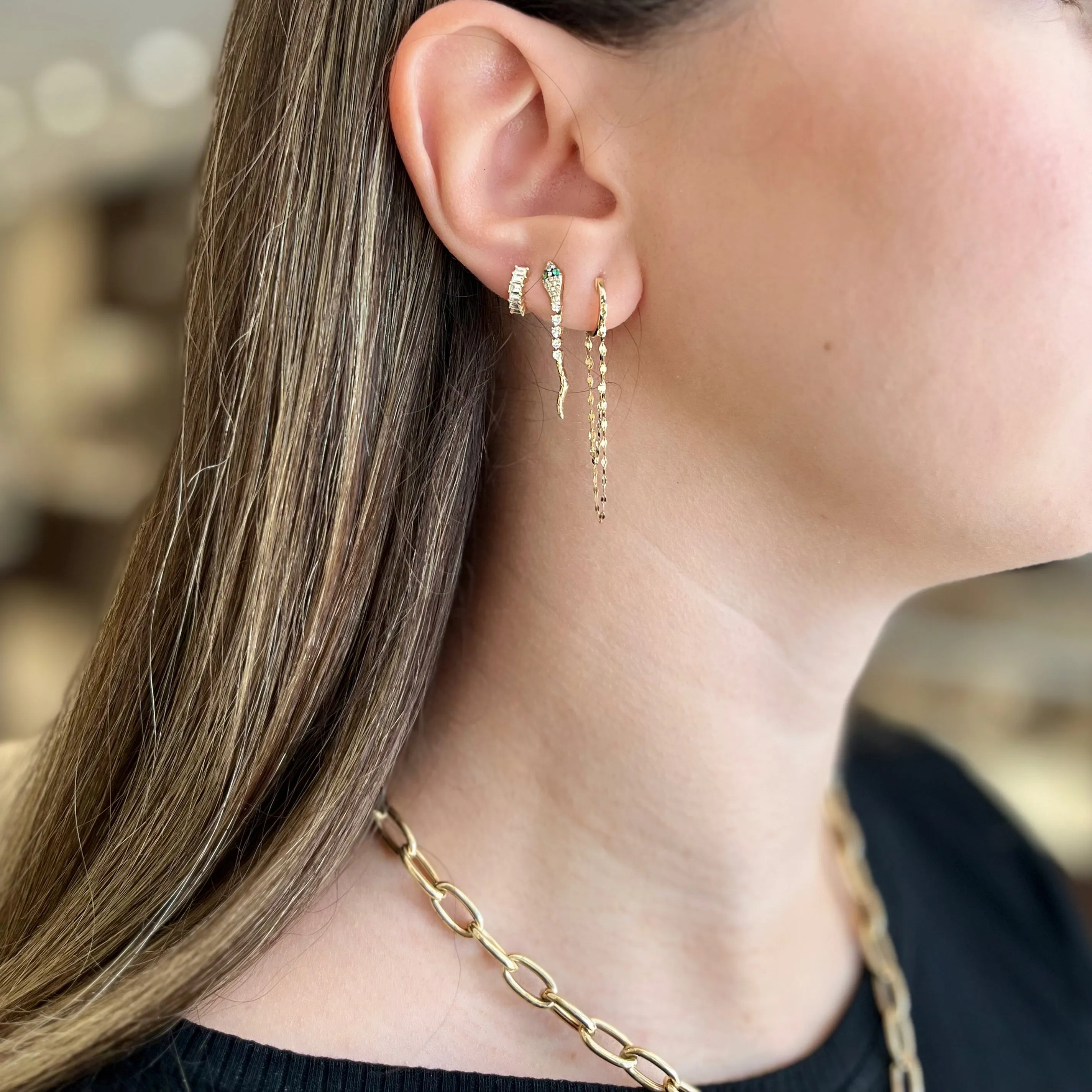 Gold Huggie Earrings with Double Dapped Chains