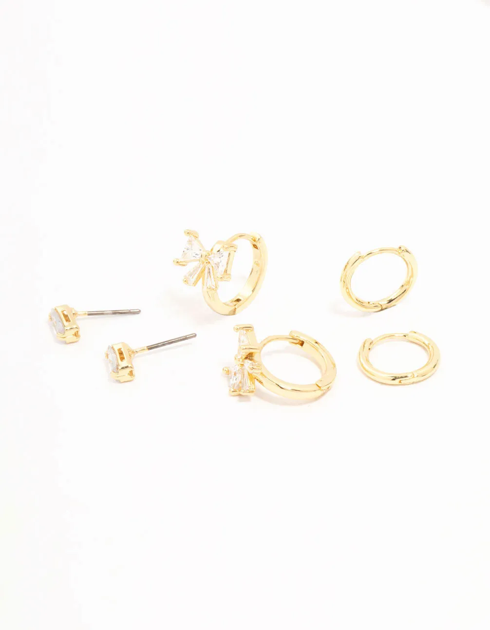 Gold Plated Cubic Zirconia Bow Huggie Earrings 3-Pack