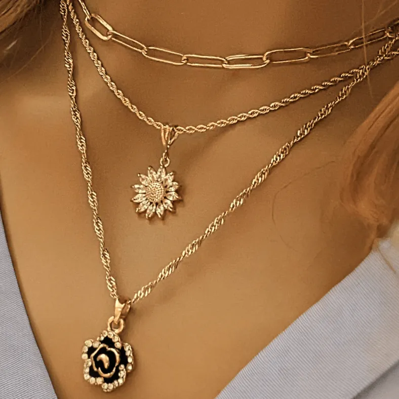 Gold Sunflower Layered Necklace Set