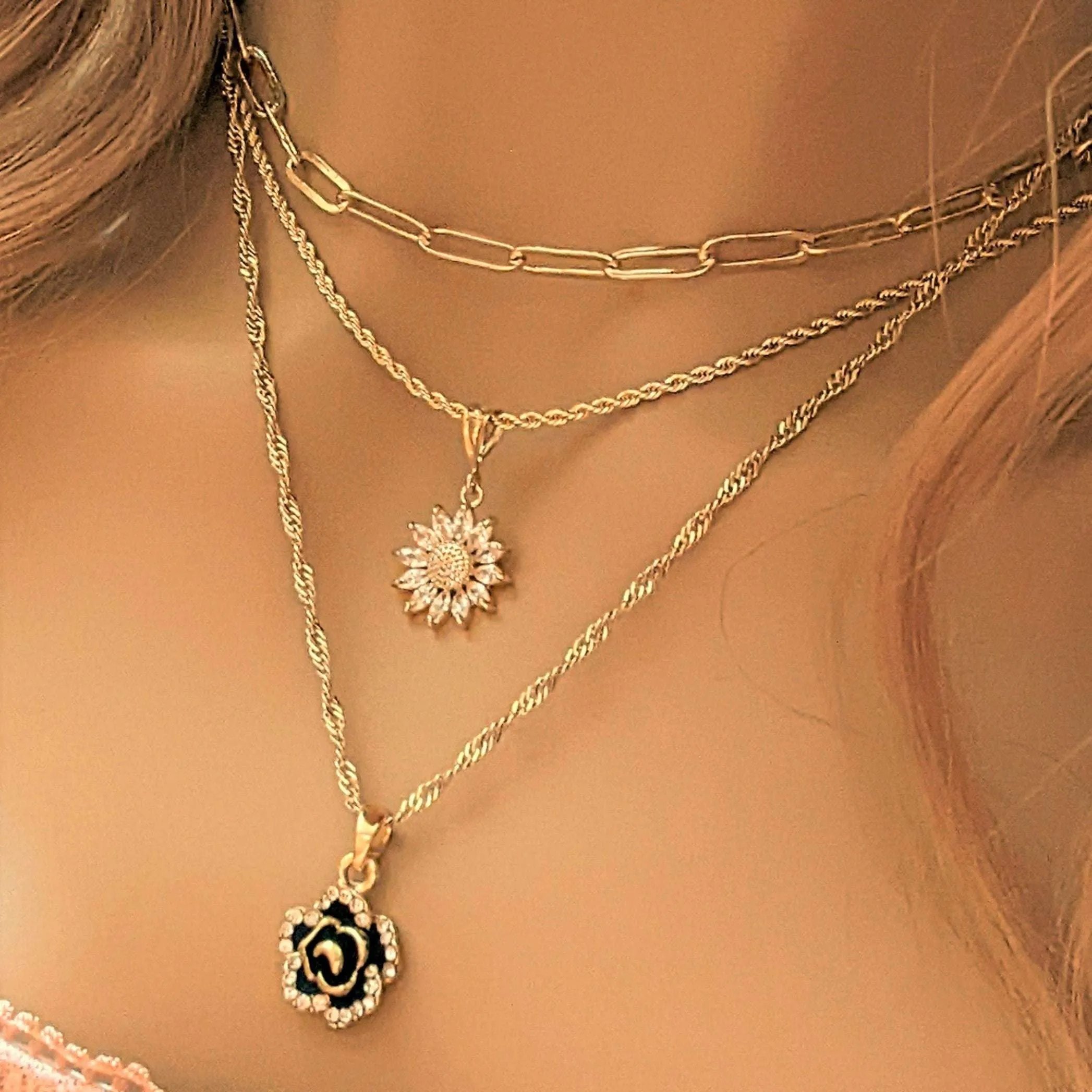 Gold Sunflower Layered Necklace Set