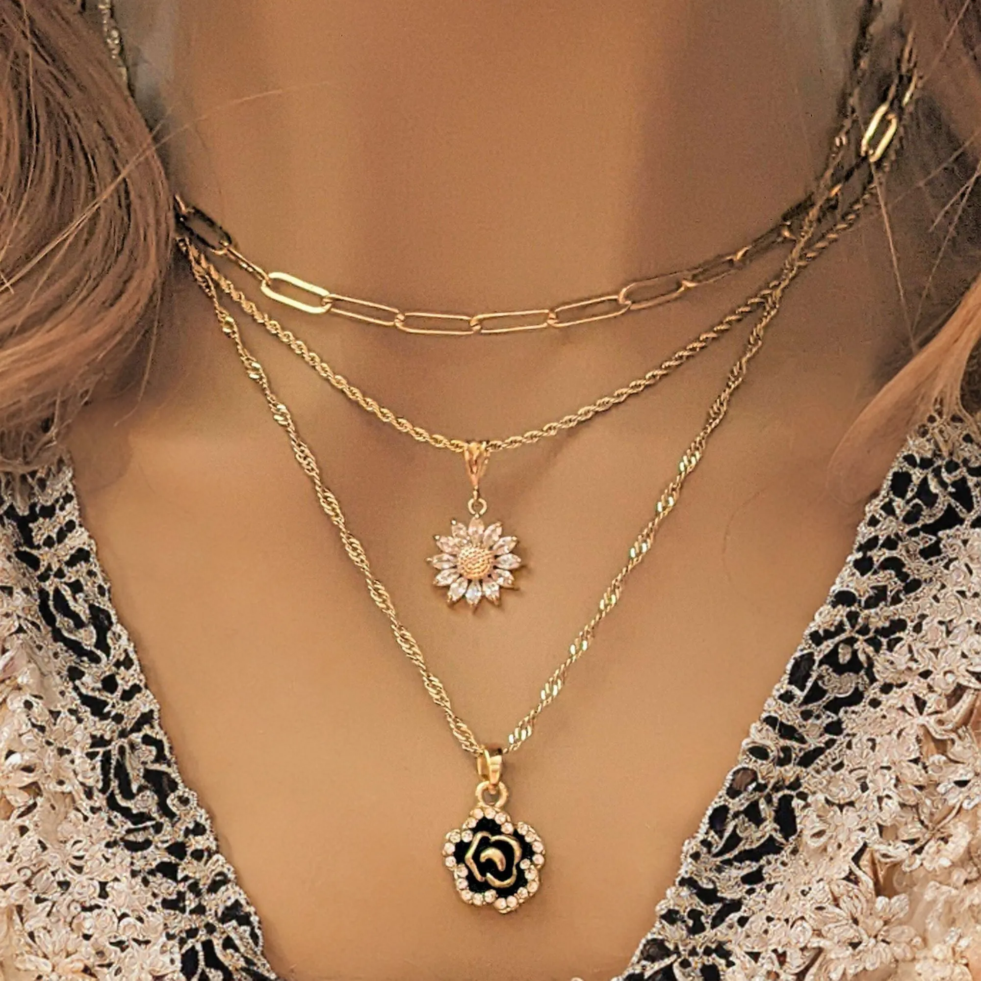 Gold Sunflower Layered Necklace Set