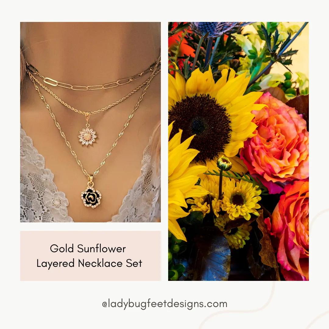 Gold Sunflower Layered Necklace Set