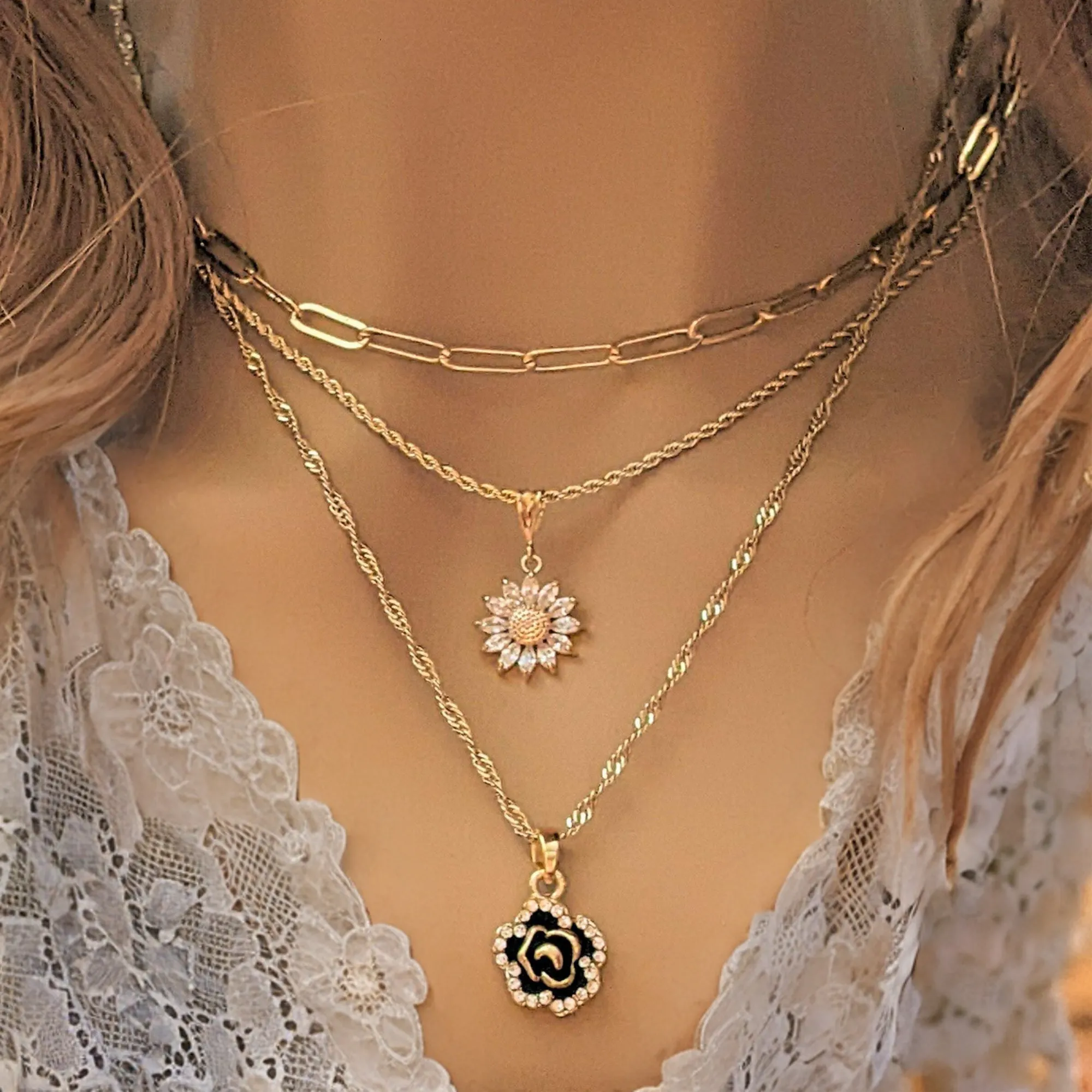 Gold Sunflower Layered Necklace Set