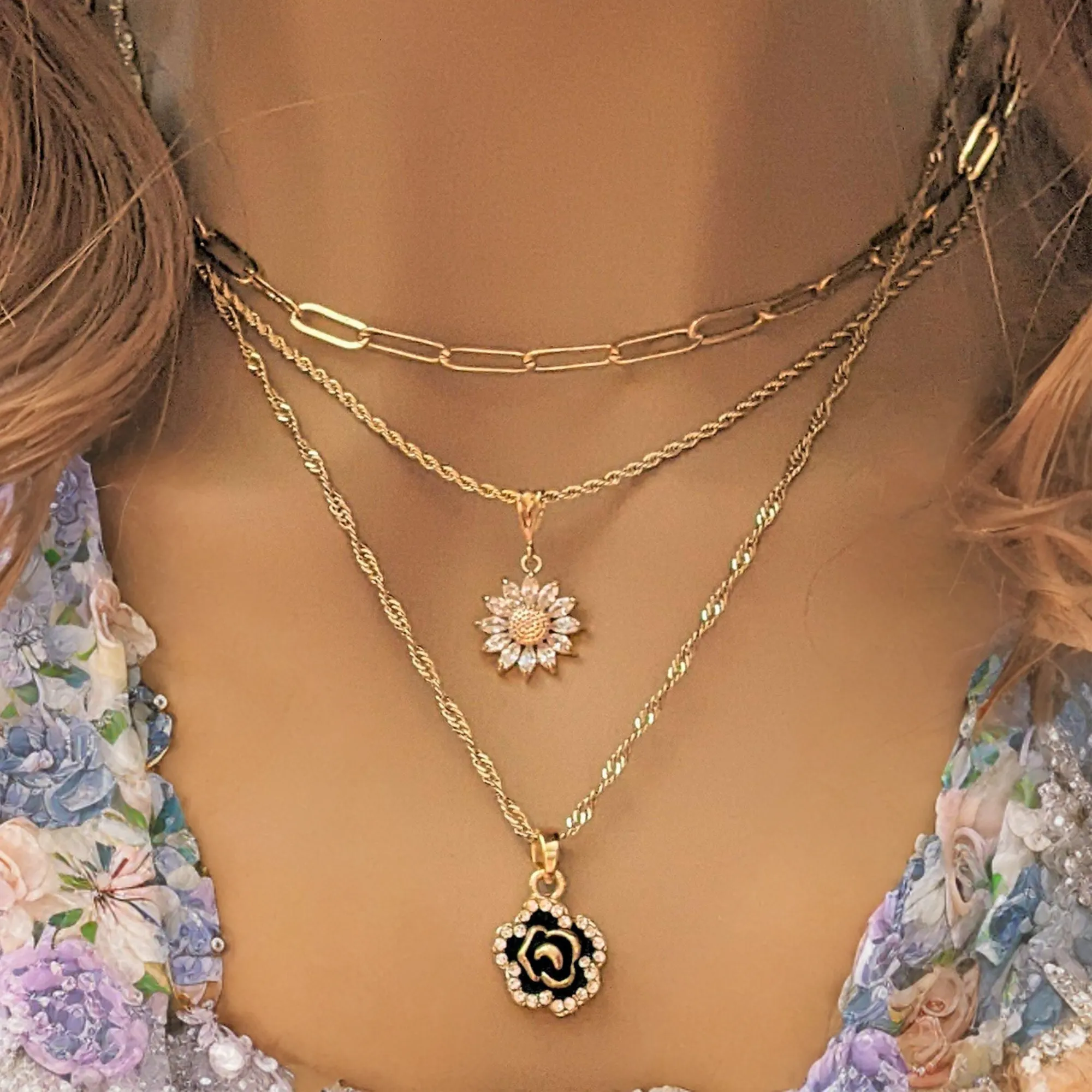 Gold Sunflower Layered Necklace Set