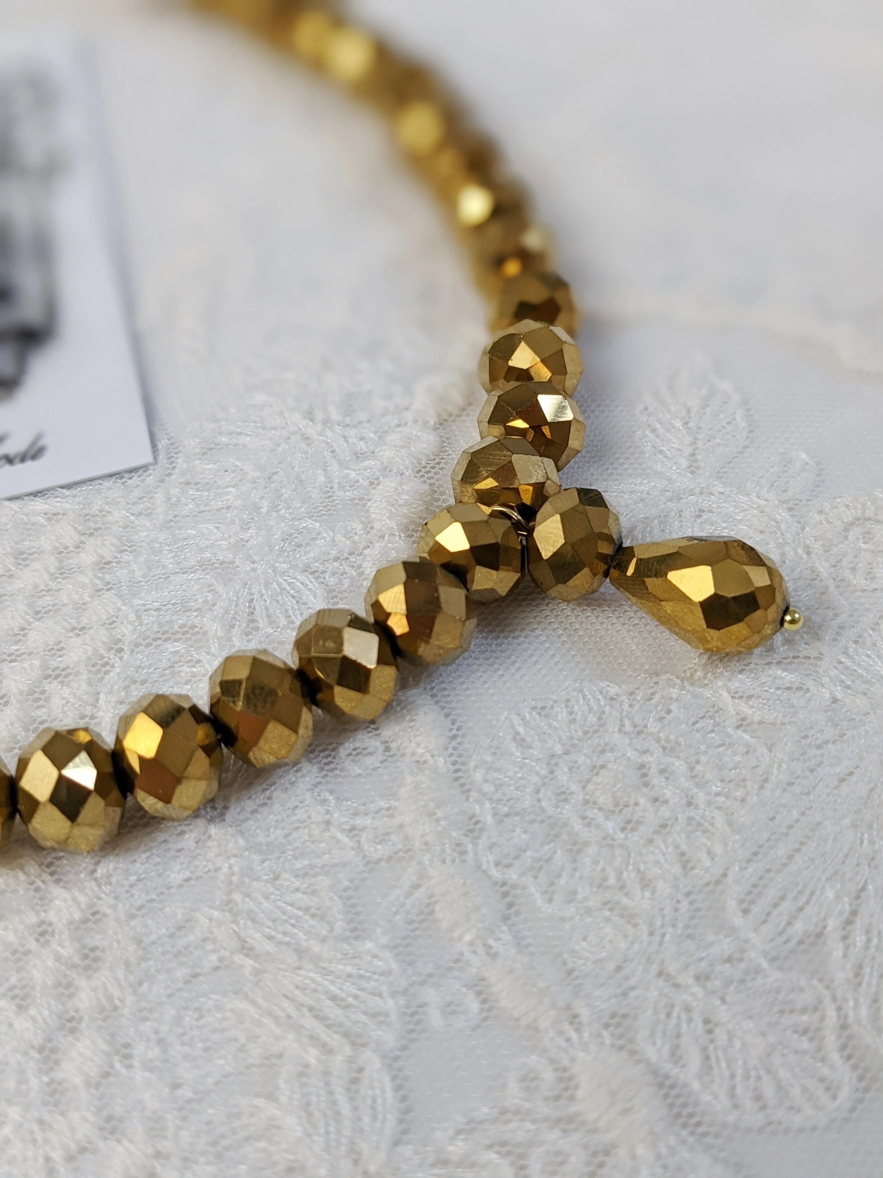 Golden Beaded Necklace - Faceted w/ Teardrop