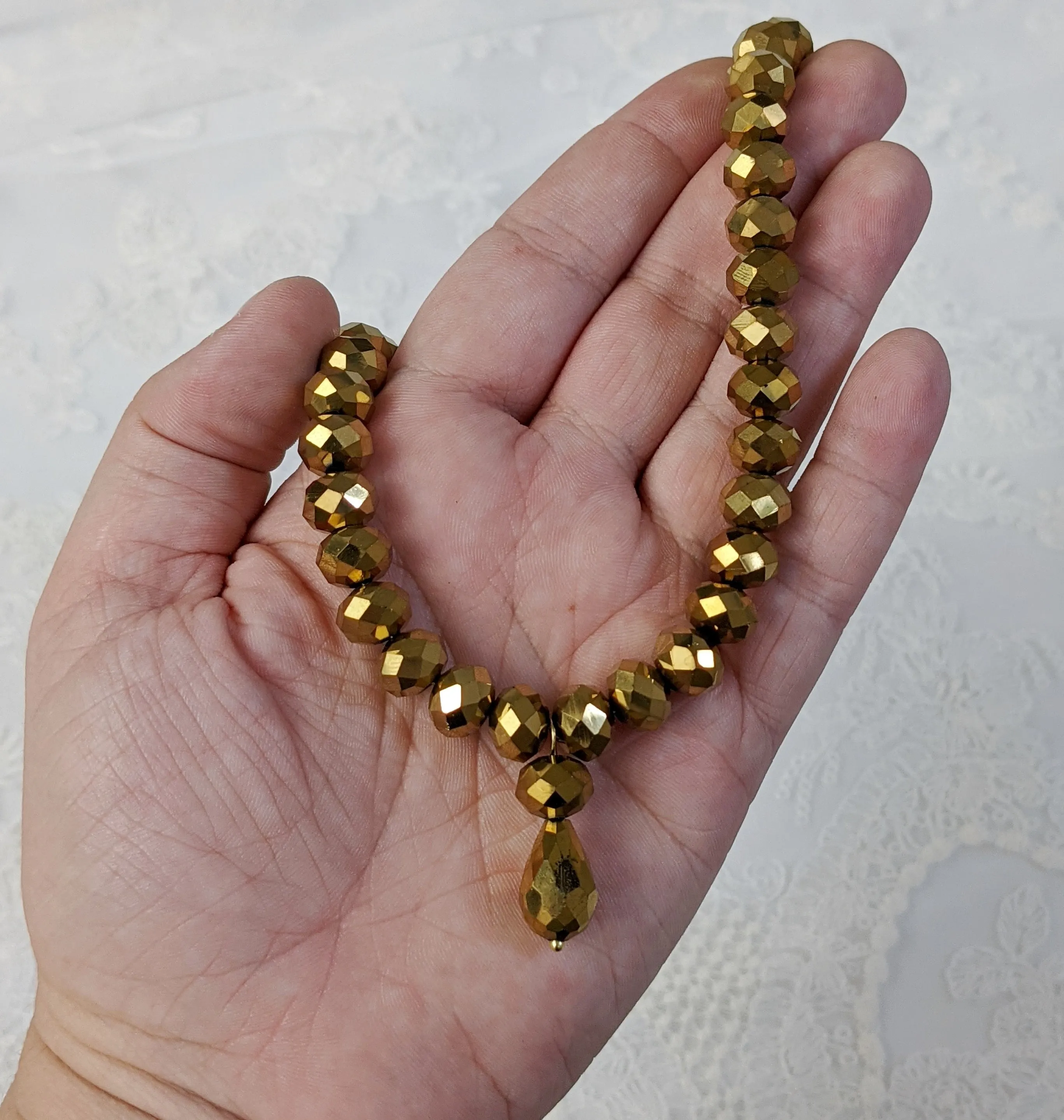 Golden Beaded Necklace - Faceted w/ Teardrop