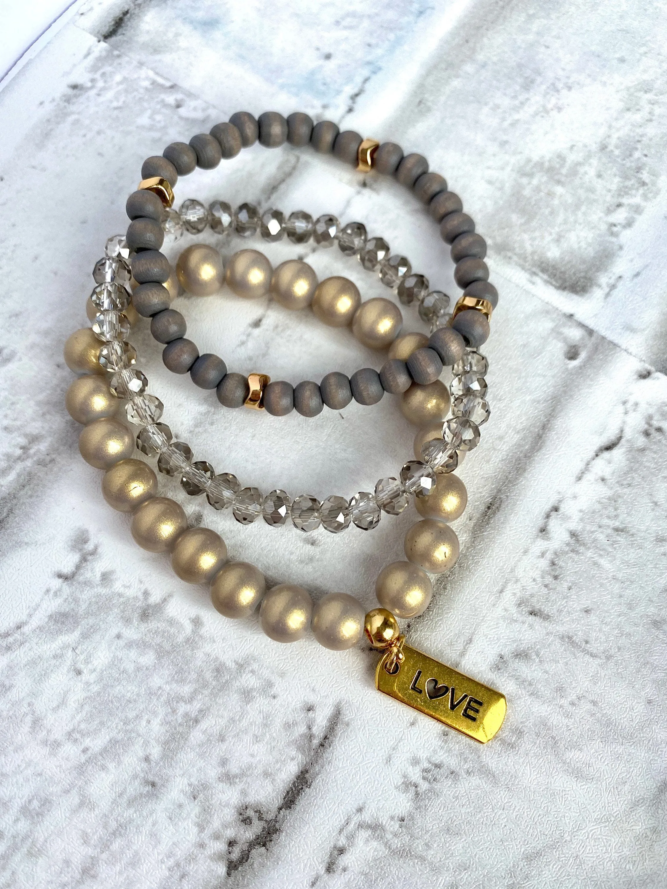 Gold/Gray Stacking Bracelets/Stretch Bracelets/Layering Bracelets