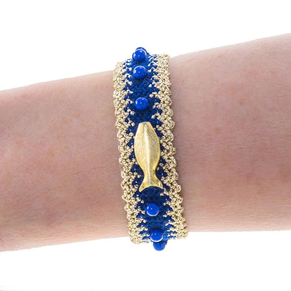 Handmade Macrame Royal Blue Gold Fish Bracelet