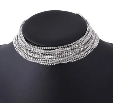 Layered Rhinestone choker Maxi Statement Necklace 2017 Big sparkly choker Fashion jewelry Trendy Chocker