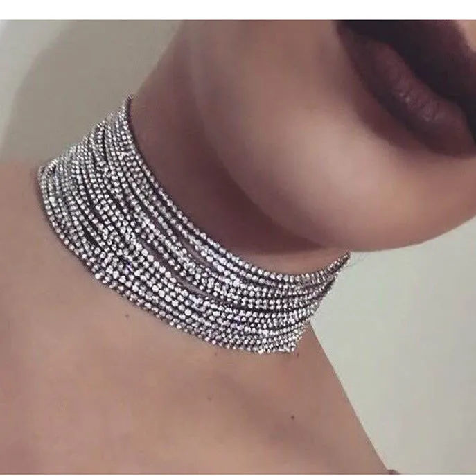 Layered Rhinestone choker Maxi Statement Necklace 2017 Big sparkly choker Fashion jewelry Trendy Chocker