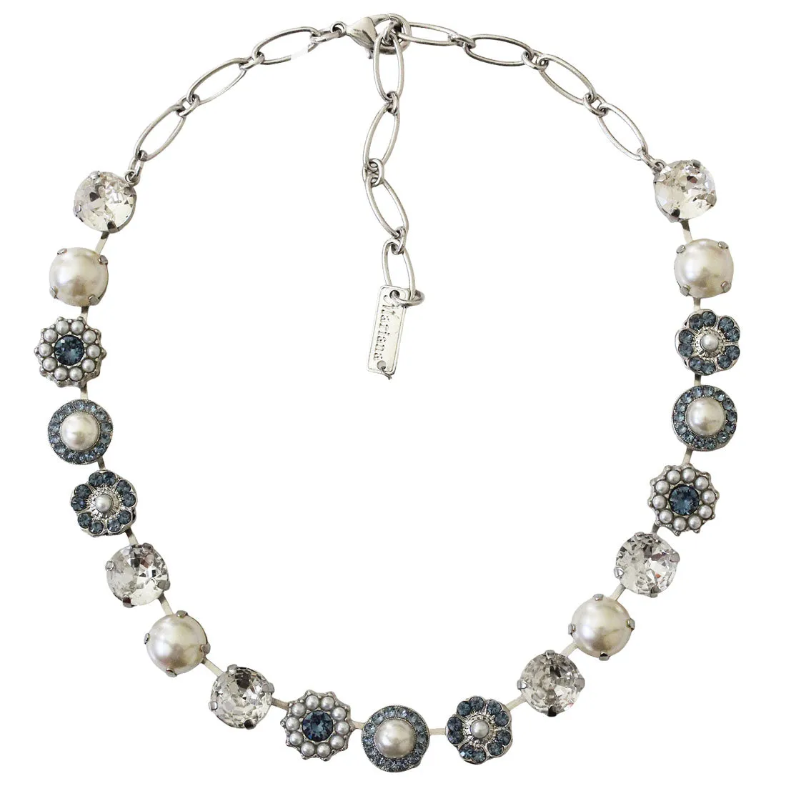 Mariana "Blue Denim Pearls" Rhodium Plated Lovable Rosette Crystal Necklace, 3084 139-1ro