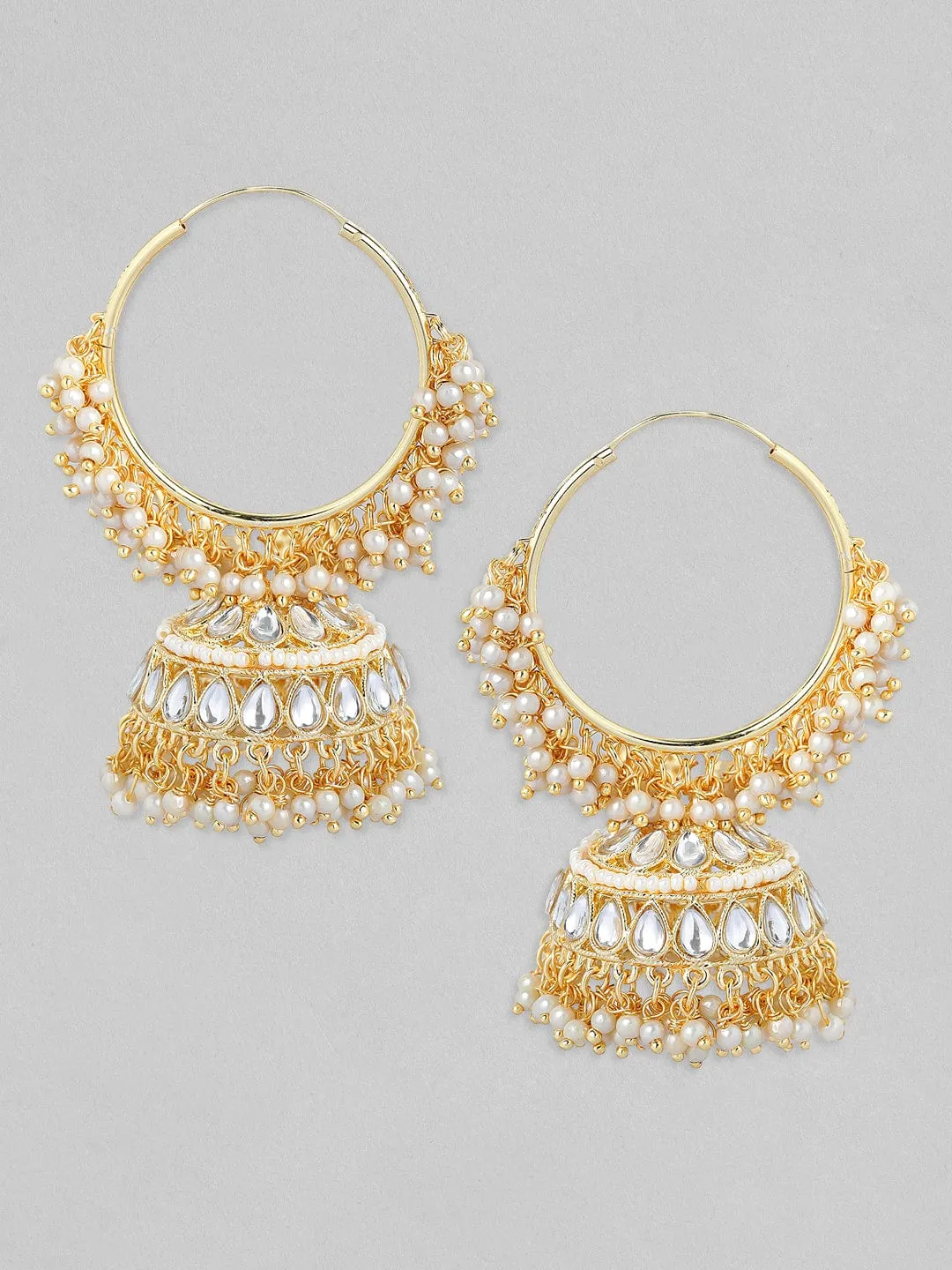 Rubans Gold Plated Handcrafted Kundan with White Pearls Jhumka Earrings