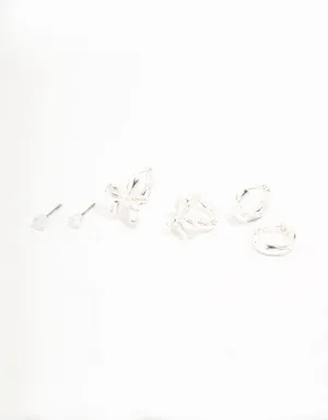 Silver Plated  Bow Huggie & Cubic Zirconia Stud Earrings 3-Pack