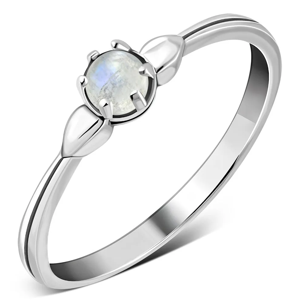 Six Prong Solitaire Rainbow Moonstone Sterling Silver Ring