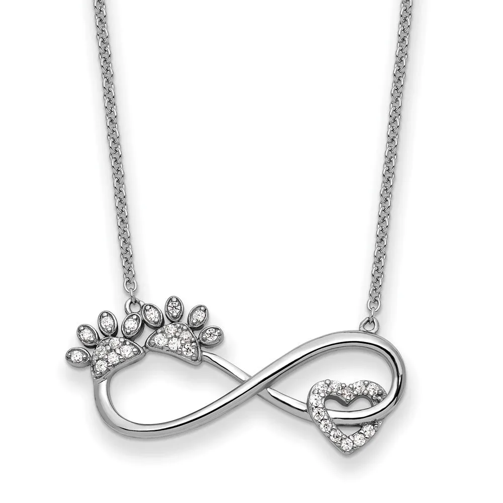 Sterling Silver CZ Furr Ever Infinity Paw Print 18 in Necklace