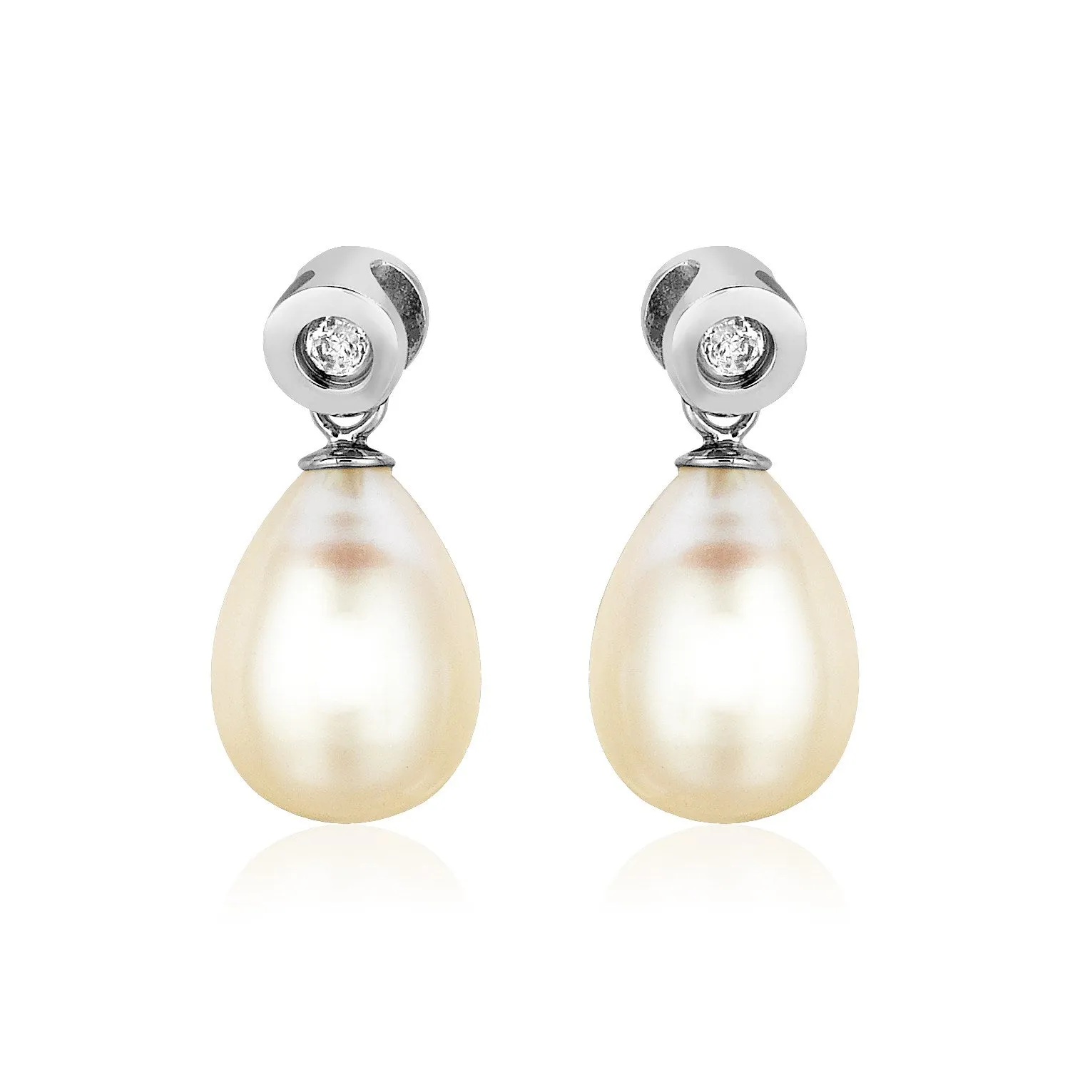 Sterling Silver Earrings with Pear Shaped Freshwater Pearls and Cubic Zirconias