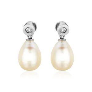 Sterling Silver Earrings with Pear Shaped Freshwater Pearls and Cubic Zirconias