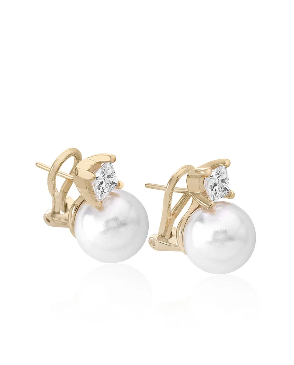 Sterling Silver Gold Plated Earrings for Women with Post and Organic Pearl, 10mm Round White Pearl and Cubic Zirconia, Selene   Collection