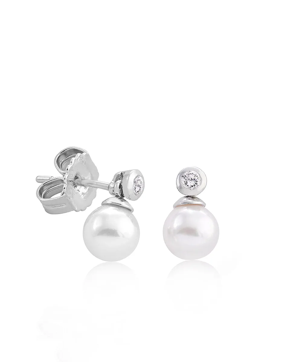 Sterling Silver Rhodium Plated Short Earrings, for Women with Post and Organic Pearl, 6mm Round White Pearl and Zircon, Selene   Collection